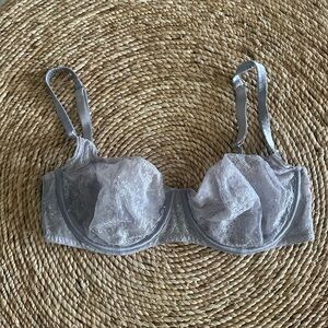 Victorias Secret 38D Unlined Balconet Bra Silver Gray Floral Lace